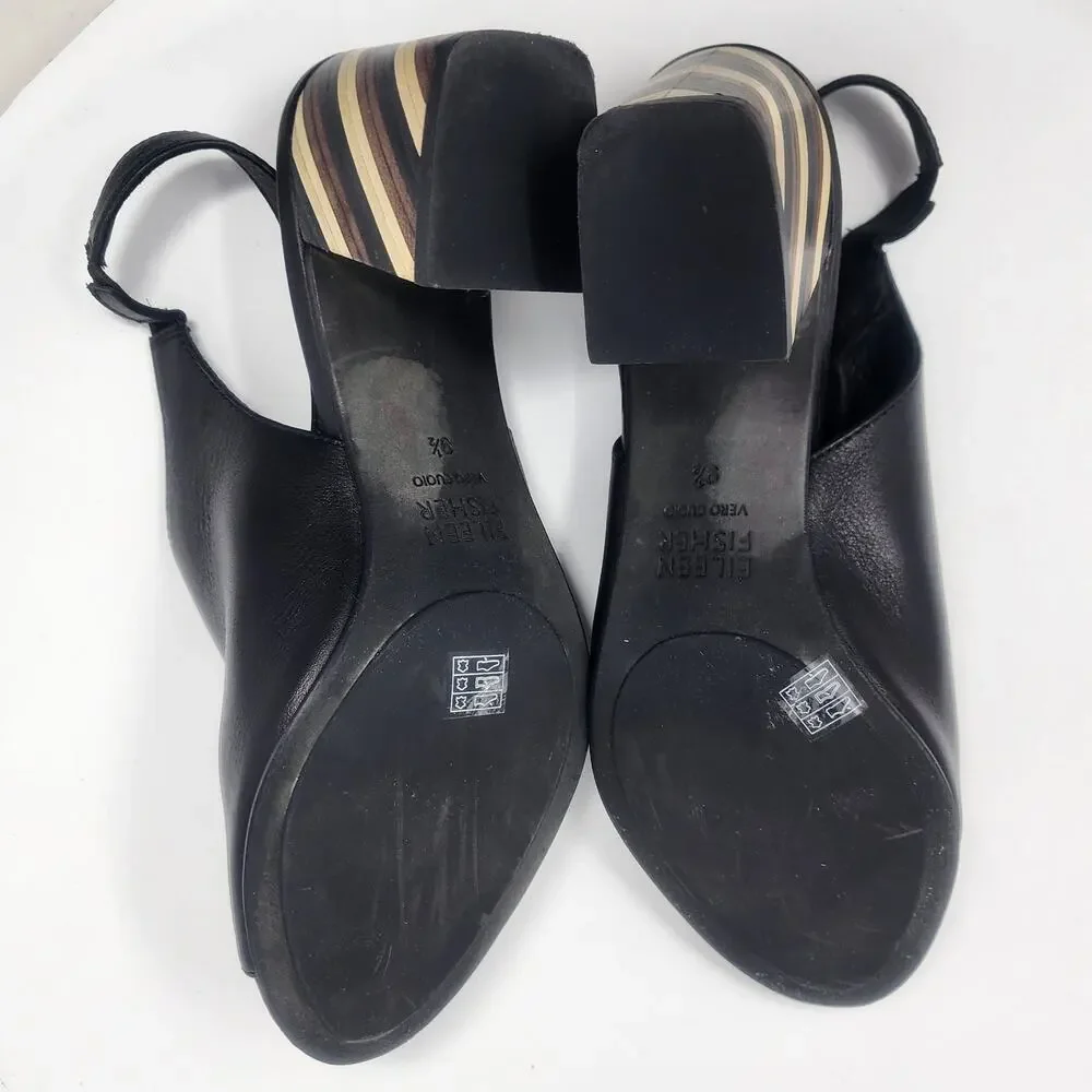 Eileen Fisher Bobbie Slingback Sandal Women 9.5 Italian Black Leather Wood Heel